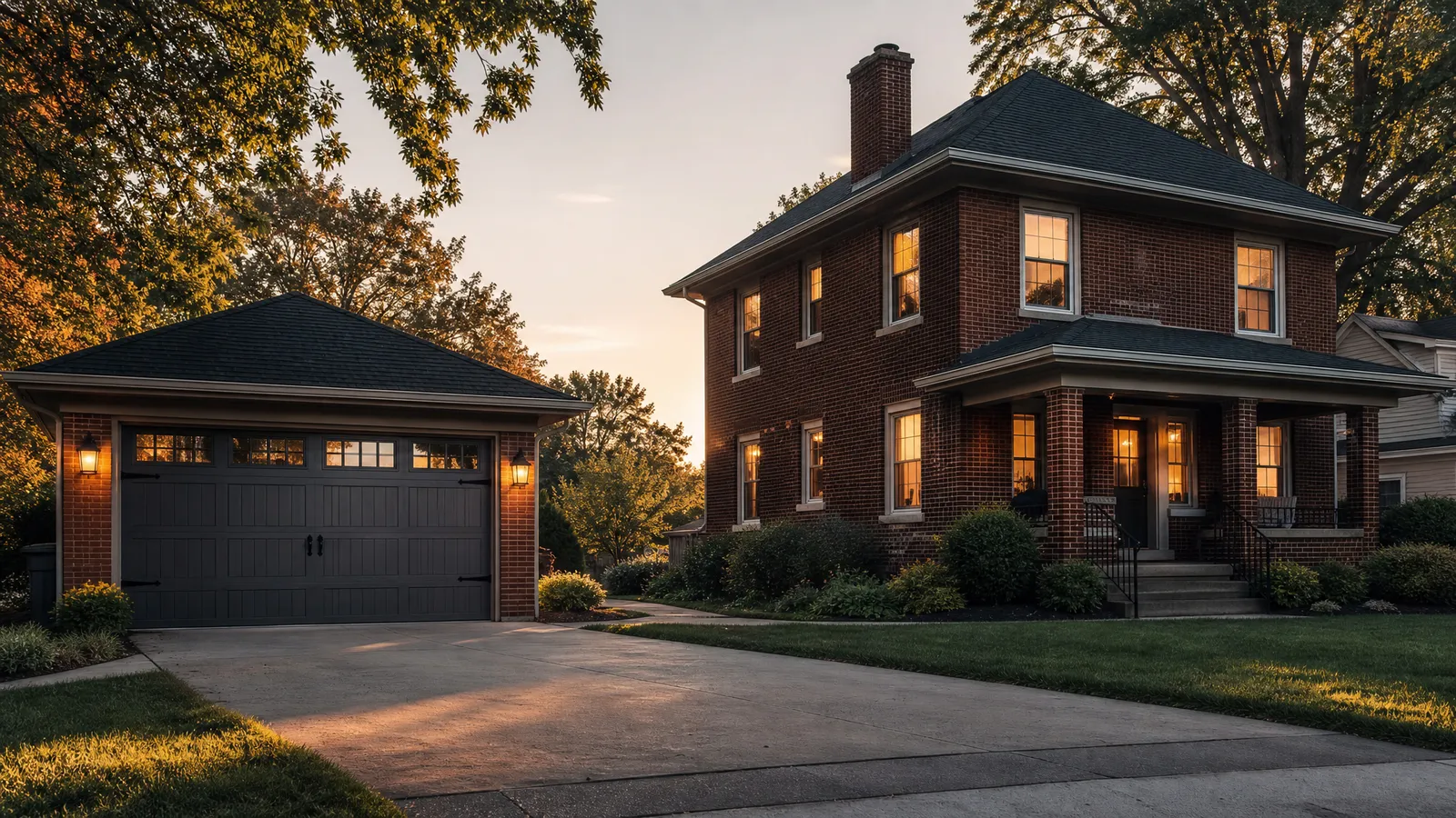 Brick two-story home in Sidney, Ohio with a charcoal carriage-style garage door at dusk