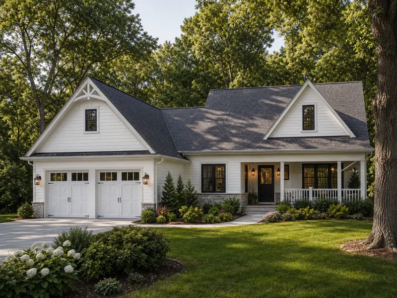 White farmhouse-style home with two white carriage garage doors