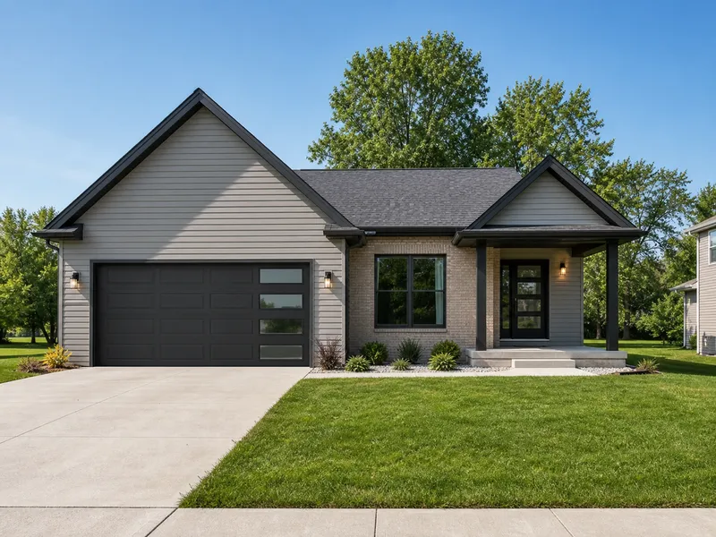 Modern ranch home with a flush black garage door and glass side windows
