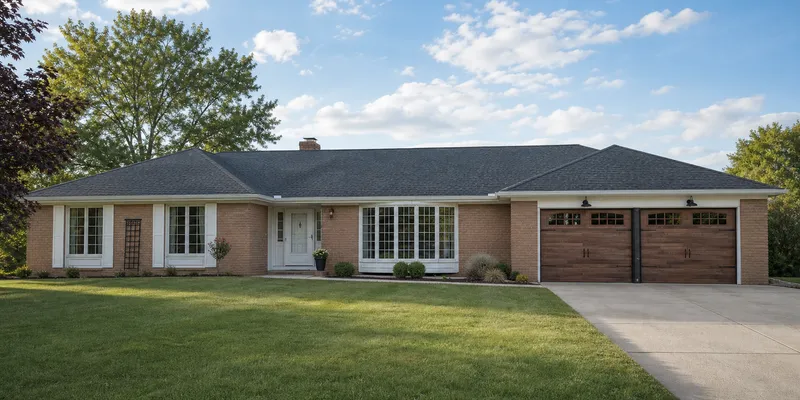 Wide brick ranch home in Shelby County with two wood-look garage doors